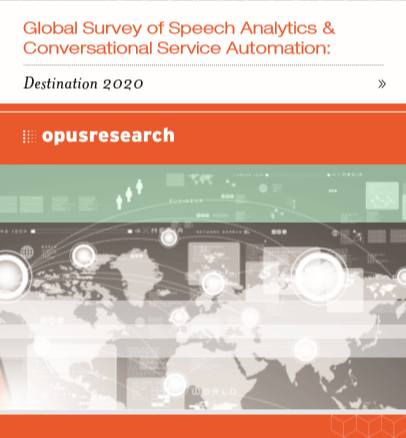 Graphic banner titled "Global Survey of Financial Services Analytics & Conversational Service Automation: Destination 2020" with a stylized world map and data icons.