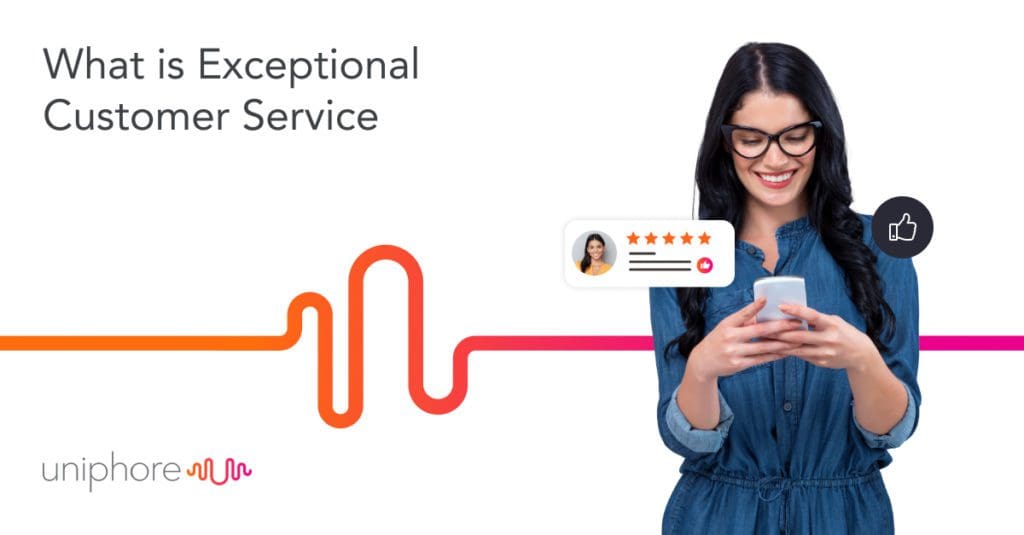 A woman in glasses and a blue dress smiles while using her smartphone, with a graphic explaining "exceptional customer service" beside her.