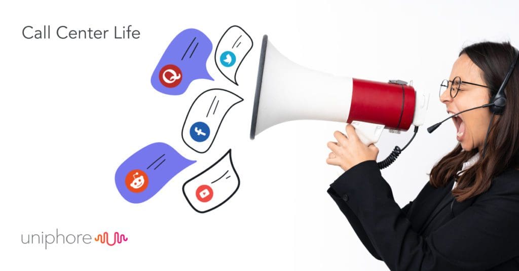 Woman in business attire shouting into a megaphone with icons representing call center activities floating beside her, titled "Call Center Life.