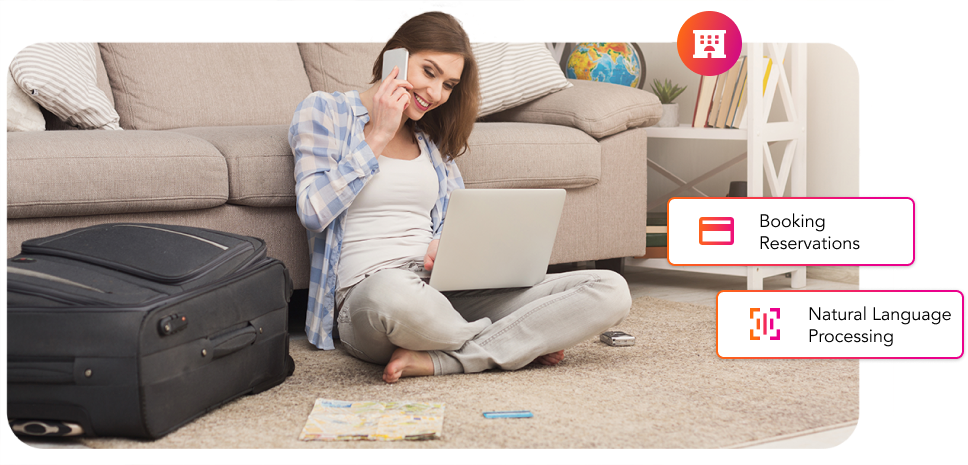 A woman sitting on the floor with luggage and a laptop, facing challenges in Travel & Hospitality.