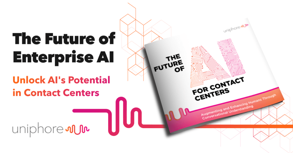Promotional graphic for a report on the future of AI, focusing on AI for contact centers.