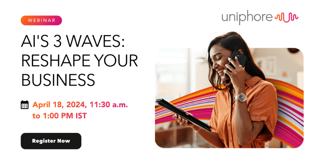 Woman smiling while talking on the phone, with text promoting a webinar on AI's impact and the 3 Waves reshaping business.